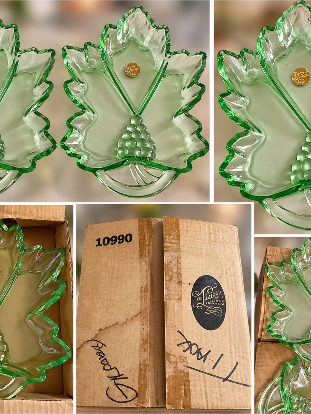 Tiara Exclusives Green Grape Leaf Trays Set of 2 Original Boxes Vintage